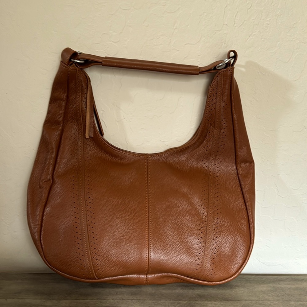 Faux Leather Hobo, New, Lined, Saddle Brown, zipper top